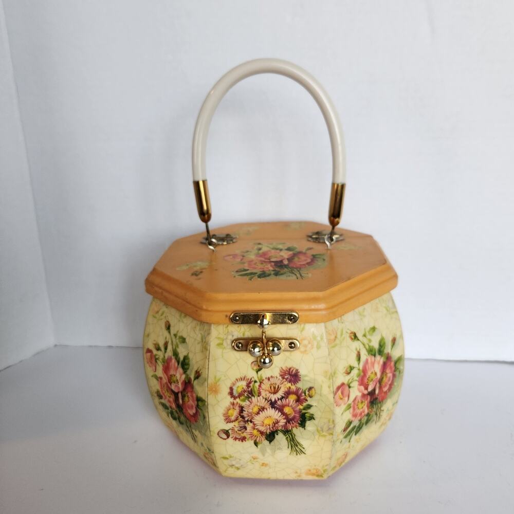 Vintage 60's Wooden Floral Box Purse w Lucite Handle, Velvet & Brass Kisslock